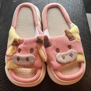 Plush Cow Slide Slippers for Women - Pink